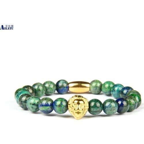 Ailatu New Stainless Steel Lion Head Tube Beaded Bracelet with 8mm Natural Lapis Lazuli Phoenix Stone Beads