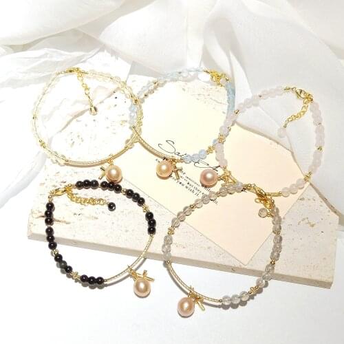 Lii Ji Citrine/Rose Quartz/Labradorite/Aquamarine/Obsidian Pearl 14K Gold Filled Bracelet 17+3cm Real Stone 4mm Handmade Jewelry