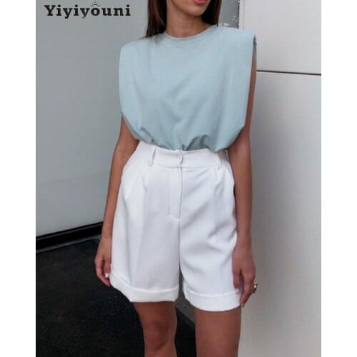 Yiyiyouni Padded Shoulder Sleeveless T-shirt Women Summer Casual Solid Tee Shirt Women O-neck Loose Cotton Korean Tops Female