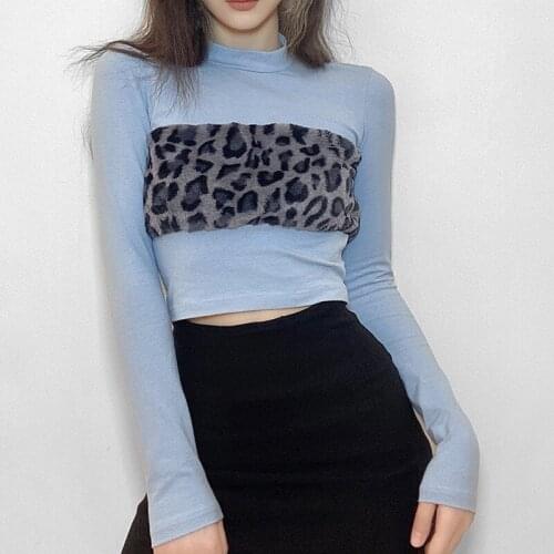 Fashion T-shirt Leopard Pattern Print Top High Street Stitching Long Sleeve T-shirts Short Slim Tees Vintage Clothing Women