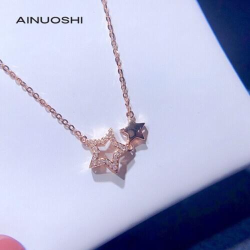 AINUOSHI18K Gold Shiny Double Star Necklace, Set With Round Cut 0.11ct Natural Diamond for Women Gift Jewelry, 18