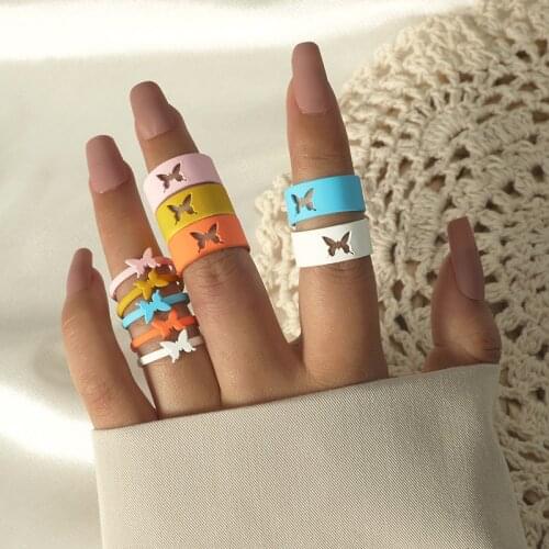 Summer Candy Color Chain Ring Womens Regular Opening Butterfly Love Dolphin Ring 2-pce Fashion Beach Holiday Party Jewelry Gift