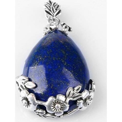 Trendy-beads Silver Plated Flower Water Drop Lapis Lazuli Pendant For Anniversary Jewelry