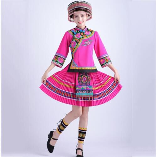 National costume female miao dance stage wear ethnic style embroidery short suits folk dance Hmong clothing adult