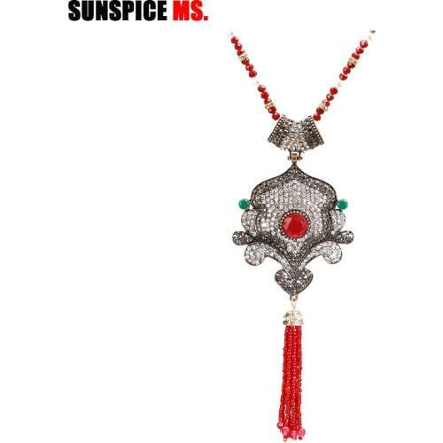 SUNSPICE MS Turkish Long Bead Pendant Necklace Full Rhinestone Tassels Sweater Chain Antique Gold Color Bohemia Wedding Jewelry