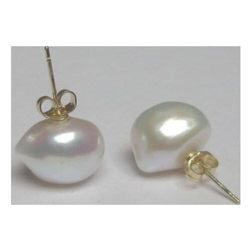 A pair of natural 11-12mm bizarre south seas white pearl earrings 14 Gold