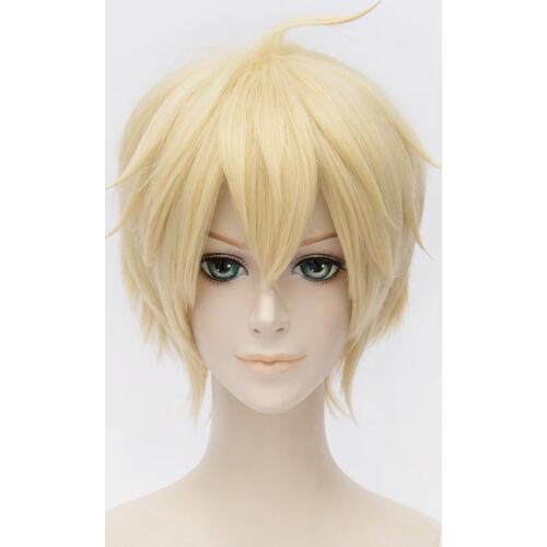12" Blonde Short Shaggy Layered Fluffy Synthetic Hair Party Cosplay Costume Wigs Seraph of the End Mikaela Hyakuya Wig + Wig Cap