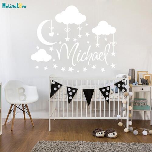 Personalized Name Wall Sticker Clouds Moon Stars Decals Kids Baby Bedroom Decor Customized Name Vinyl Nursery Wall Mural YT865