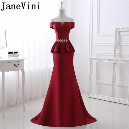 JaneVini Vestidos Burgundy Crystal Mother of the Bride Dresses 2018 Satin Mermaid Evening Gowns Sweep Train Robe Arabe Longue
