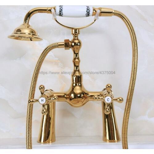 Polished Gold Brass Shower Faucet Deck Mounted Double Cross Handles Bathroom Shower Mixer Faucet with Hand Shower Nna149