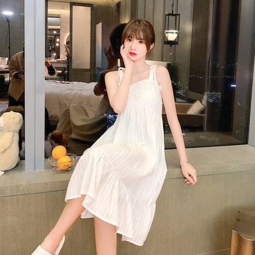 Lady Cotton Spaghetti Strap Nightdress Lovely Bow Trim Sleepwear Sexy Sleeveless Long Nightgown Sweet Ruffles Home Dress Pajamas