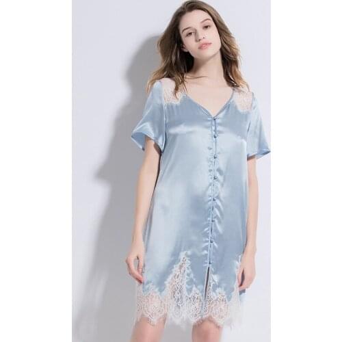 Women 19mm Women Silk s Lace Nightdress Summer Short-sleeved Silk Sexy V-neck Loose Women Comfortable Sleeping DressNightgown