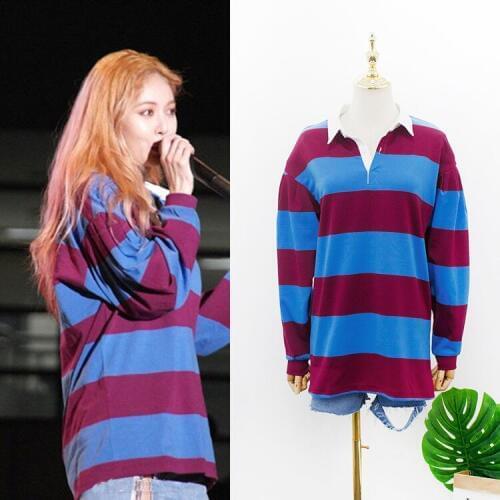 Kpop 4Minute Kim Hyun A 2021 Striped lapel Sweatshirt lady Autumn temperament Long Sleeve Pullover Hoodies women fashion clothes