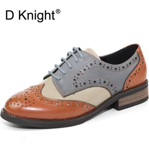 Women Oxfords Shoes Genuine Leather Woman Flats Autumn Spring Womens Brogues Handmade Lace Up Flats Office Derby Female Shoes
