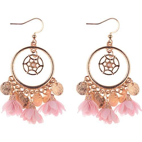 2019 Ethnic Pink Fabric Flower Tassel Earrings For Women Bohemia Boho Round Shape Gold Alloy Fantasy Boucles D'oreille HQE1040