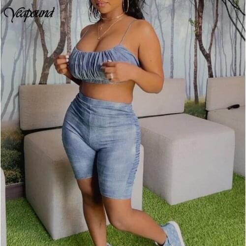 Denim Knee Length Shorts Suit 2021 New Womens Off-shoulder Slim Pleated Bra Top Shorts Two Piece Set Backless