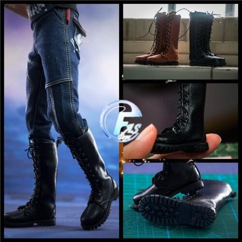 1/6 FA-18-03 PVC Solid Long Military Combat Boots Hand-sewn trendy Leather Boots Shoes Accessory Model for 12'' Movable Body
