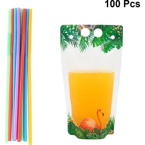 100pcs Flamingo Design Drink Bag Transparent Disposable Beverage Squeeze Pouches Portable Juice Pouch with Art Straw Each 50pcs