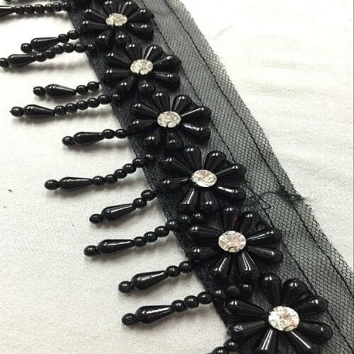 2Yards Fringe Black Flower Beaded Lace Trim Garment Dress Tassel Lace Decoration Shoes Ornaments Hang Beads Curtain Accessories