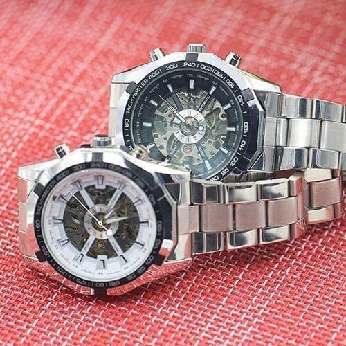 Fashion Men Clock Hand-Winding Skeleton Automatic Mechanical Stainless Steel Sport Wrist Watch automatic watch relogio New