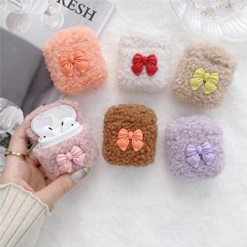 3D Cute Bow Girl Warm Soft Fur Plush Airpods Case For Airpods Pro Fluffy Cover for Air Pods 2 1 Wireless Charging Earphone Box