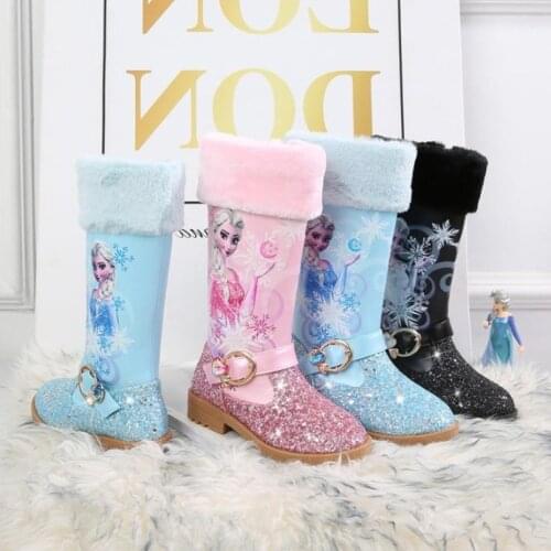 Kids Elsa Long Boots Princess Girls Leather Boots Elegant Plush Warm Flat Dress Dance Shoes Christmas Snow shoes