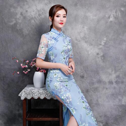 Embroidery Long Cheongsam High Split Lace Cheongsam Dress Womens Chinese Traditional Dress Retro Elegance Evening Party Dresses