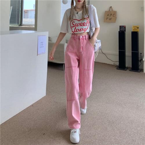 Pink Denim Jeans Women Summer Denim Pants High Waist Wide Leg Pants Korean Loose Jeans Y2k Jeans Streetwear Fall 2021 Women