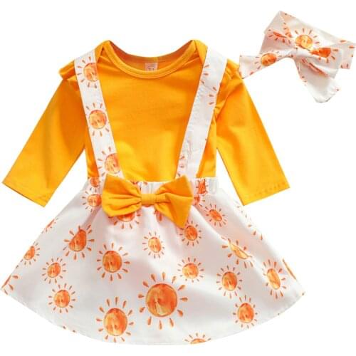 3Pcs Toddler Outfits, Solid Color Long Sleeves Romper + Sun Print Suspenders Skirt + Hairband for Baby Girls, 0-24 Months