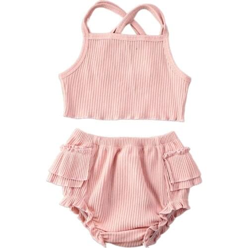 Citgeett Summer Solid 0-24M Newborn Baby Girls Boys Clothes Sets Ruffles Solid Sleeveless Belt Vest Tops+Shorts Outfit Set