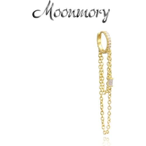 Moonmory 100% 925 Sterling Silver Single Zircon Chain Drop Earring For Women Birthday Crystal Hoop Huggies Earring Jewerly