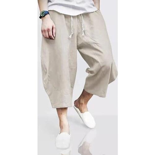 Mens Cotton Linen Casual Pants Calf-length Trousers Summer Loose Fashion Harem Pants Linen Jogger Pants Men Sweatpants 3xl