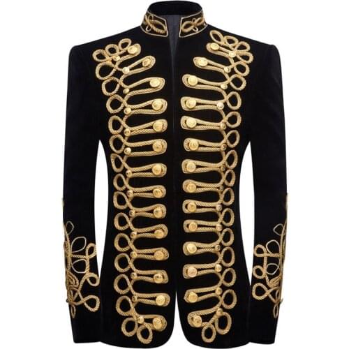 Mens Gold Stand Collar Blazer Embroidery Black Zipper Velvet Slim Fit For DJ Singers Nightclub Stylish Jacket Stage Wears