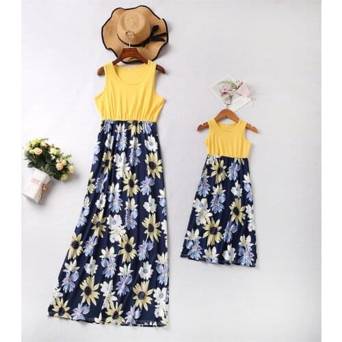 2021 Hot Sale Mother Daughter Outfits Solid Color Stitching Floral Sleeveless Dress Mommy and Me Clothes Family Matching Clothes