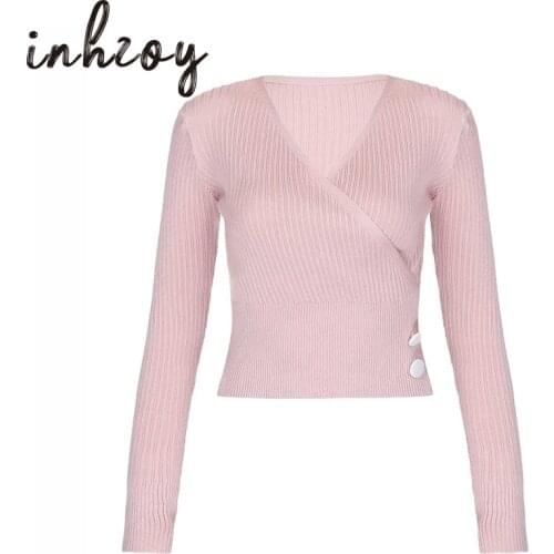 Autumn Ladies Cross V-Neck Button Solid Color Short Pullovers Women Sweaters Slim Fit Long Sleeve Ribbed Knitted Tops Jumpers