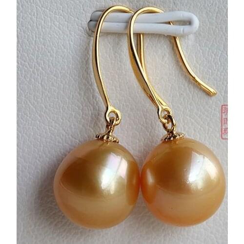 A pair 10-11mm south sea gold pink round pearl dangle earrings14