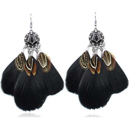 Ethnic Bohemian Style Black Drill Peacock Feathers Tassels Long Feather Earrings for Women Jewelry