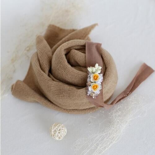 Coffee Jersey Wrap And Flower Headband Set Newborn Knit Stretch Wrap Photography Props Baby Tieback Prop