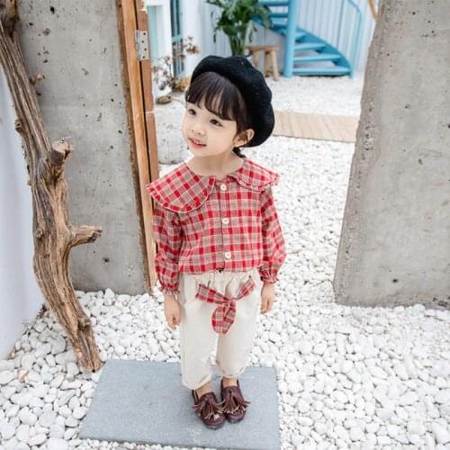 Girls New Plaid Shirt And Casual Trousers Suit Baby Doll Collar Long Sleeve Top Pants Set Spring Autumn Simple Clothing Outfit