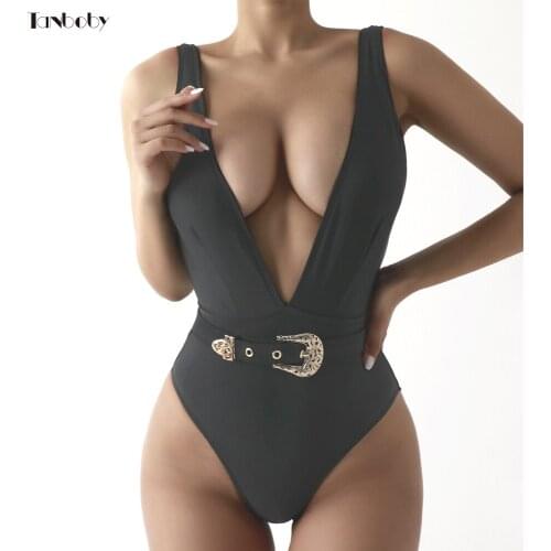 Sexy Deep V-Neck One Piece Bathing Suits Black Monokini 2021 Beachwear Hot Selling New Arrival Womens High Cut Swimwear