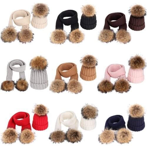 2pcs Children Knitted Beanie Hat Long Scarf Set Infant Baby Fake Fur Ball Pom Pom Cap Warm Winter Beanies