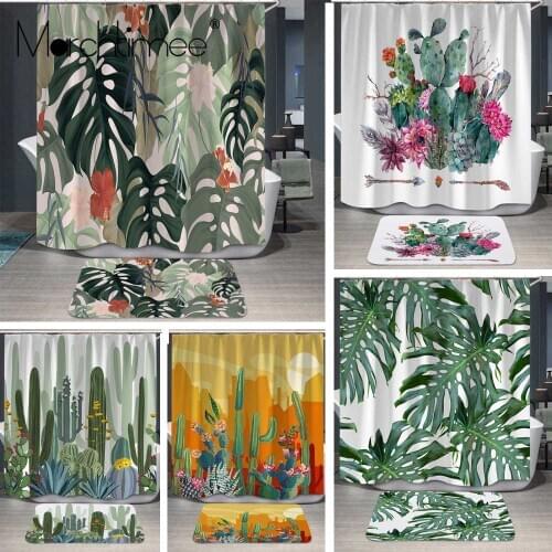 2pcs Green Tropical Plants Shower Curtains Set Bathroom Polyester Waterproof Shower Curtain Leaves Curtains for Bathroom Shower