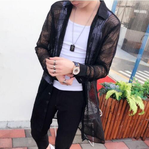 Spring new personality Openwork long shirt male long-sleeved Korean hair stylist mesh perspective Fashion shirts M flower coat