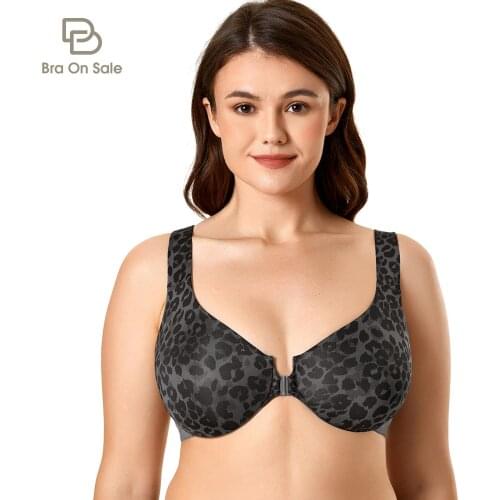 Womens Printed Front Closure Bra Racerback Plus Size Underwire Full Coverage Unlined