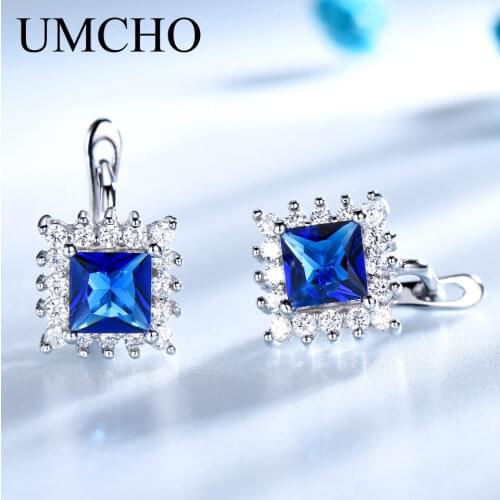 UMCHO Simulated Blue Sapphire Clip Earrings for Women Solid 925 Sterling Silver Jewelry Wedding September Birthstone Earrings