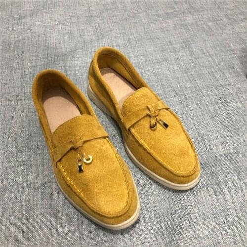 New Suede Flat Shoes Woman Round toe Slip On Women Loafers Metal lock decorate nude Flat mules Casual Shoes Summer walk shoes