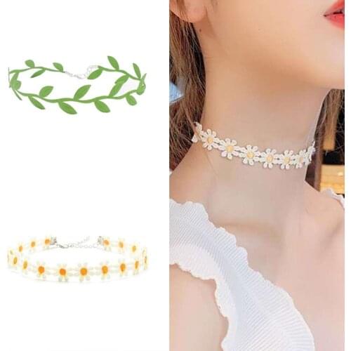 Women Embroidery Flower Leaf Choker Cloth Fabric Art Silver Necklace Fashion Summer Boho Girls Romantic Jewelry Collars