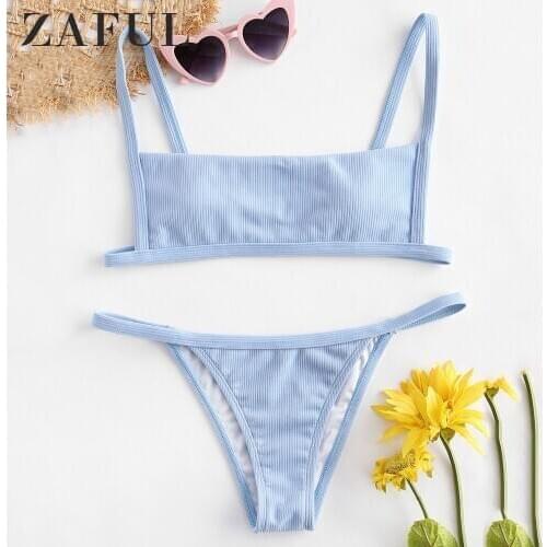 ZAFUL Bikini Hook Ribbed String Bikini Set Wire Free Low Waisted Swim Suit Square Neck Swimwear Padded Solid Bathing Suit 2019