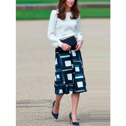 Kate Middleton Runway Spring New WomenS Sets White Shirt Tops, Plaid Print Half Skirt Fashion Workplace Party Two Piece Set