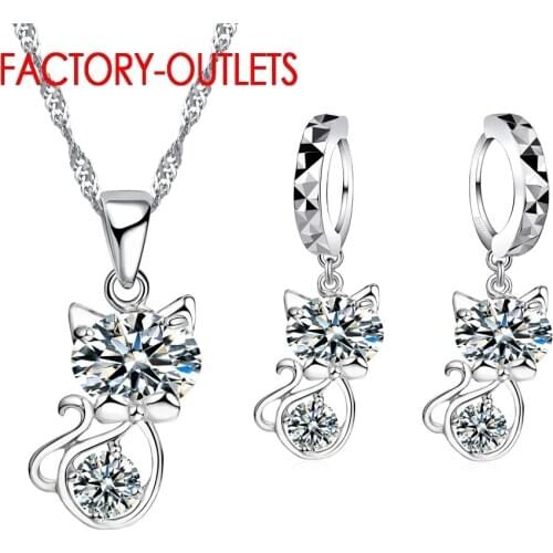 925 Sterling Silver Cubic Zirconia Wedding Jewelry Sets CZ Crystal Cute Animal Cat Necklace Earrings Female Club Party